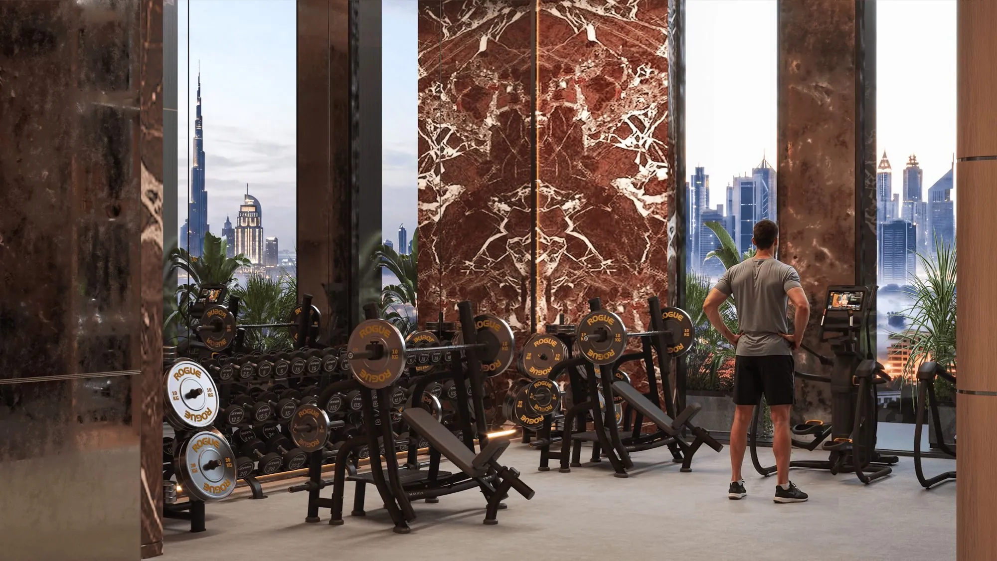 Binghatti Spectre gym with Burj Khalifa view