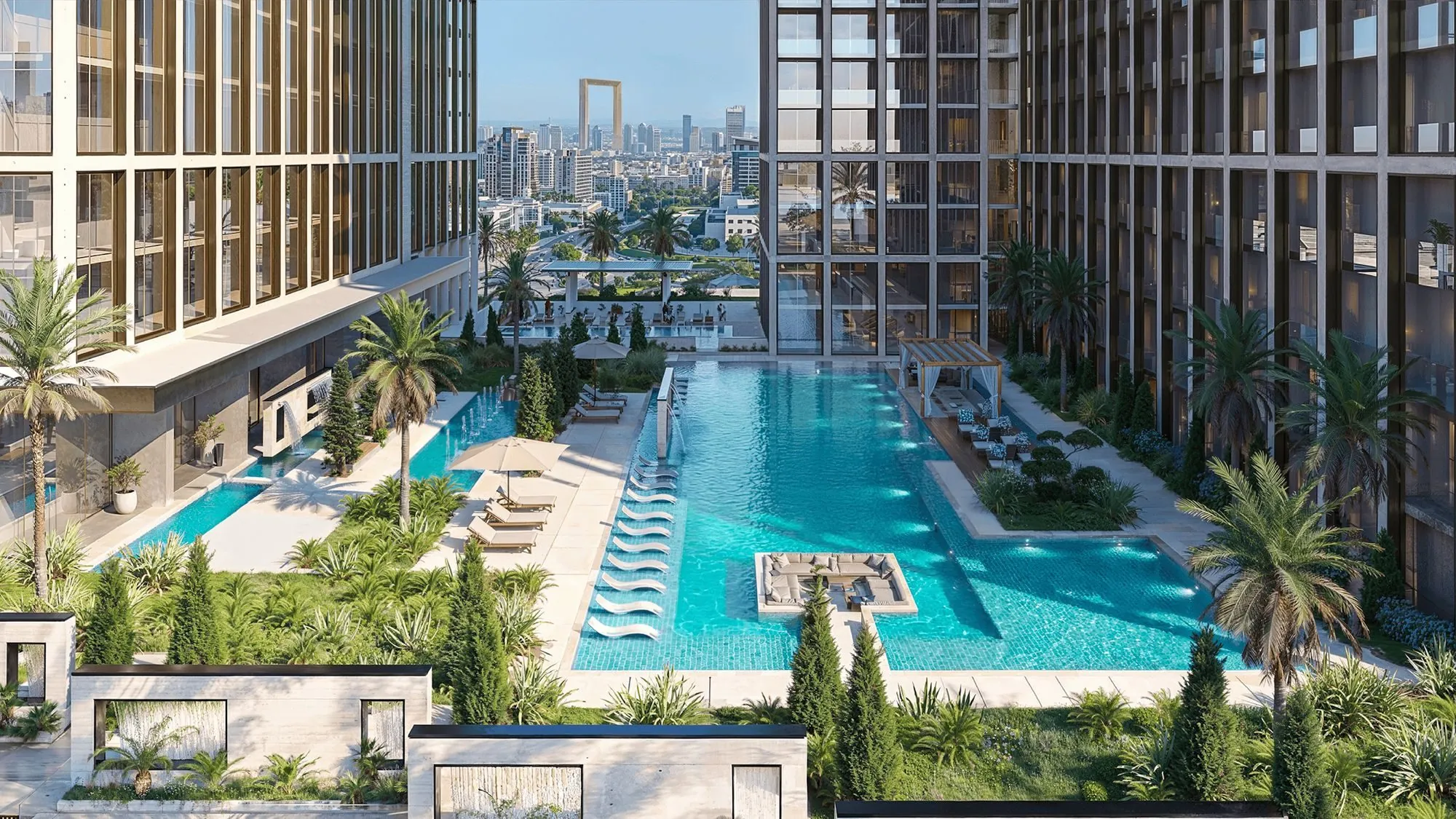 Binghatti Spectre courtyard pool between the twin towers