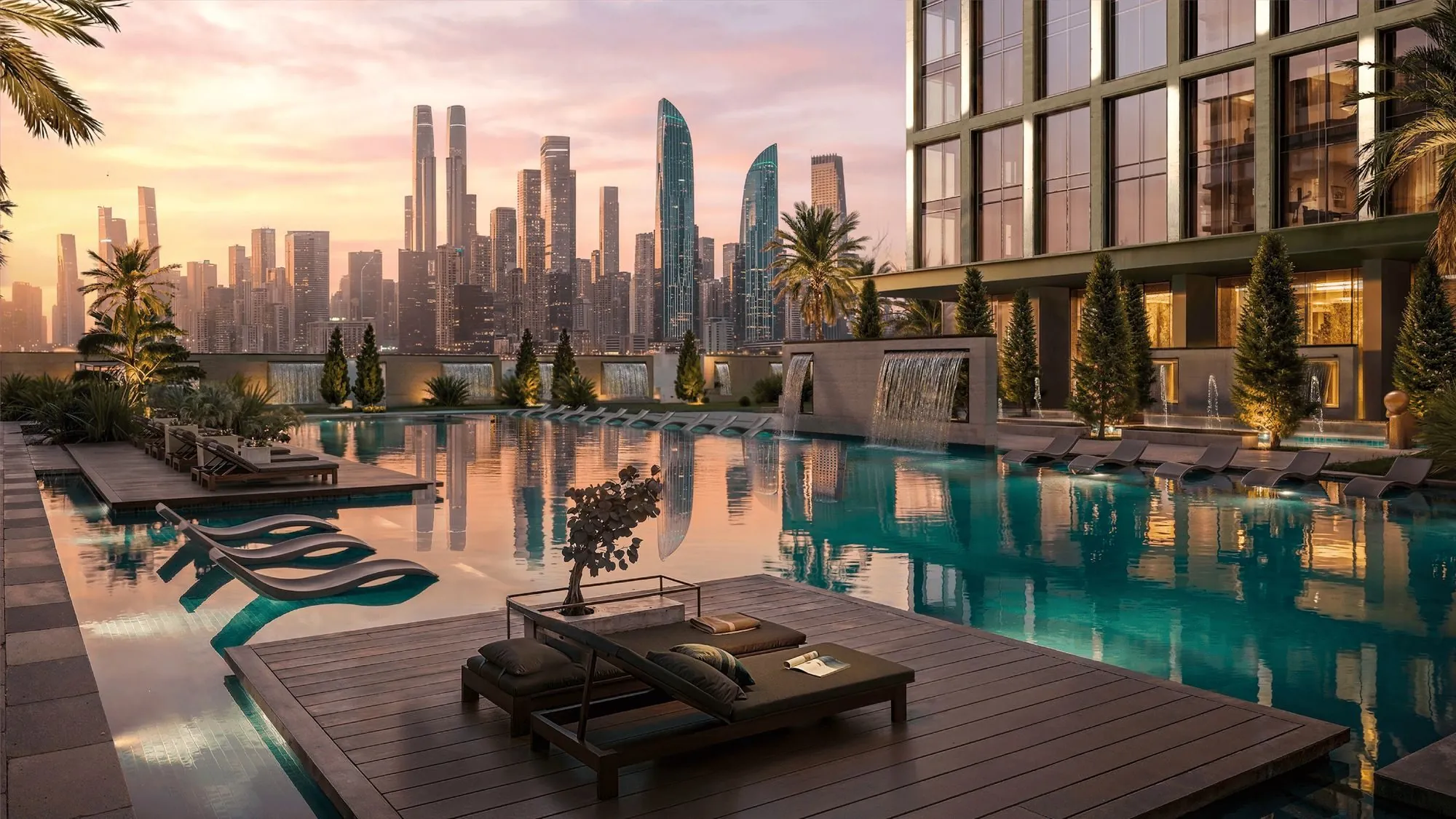 Binghatti Spectre pool deck at sunset with Dubai skyline