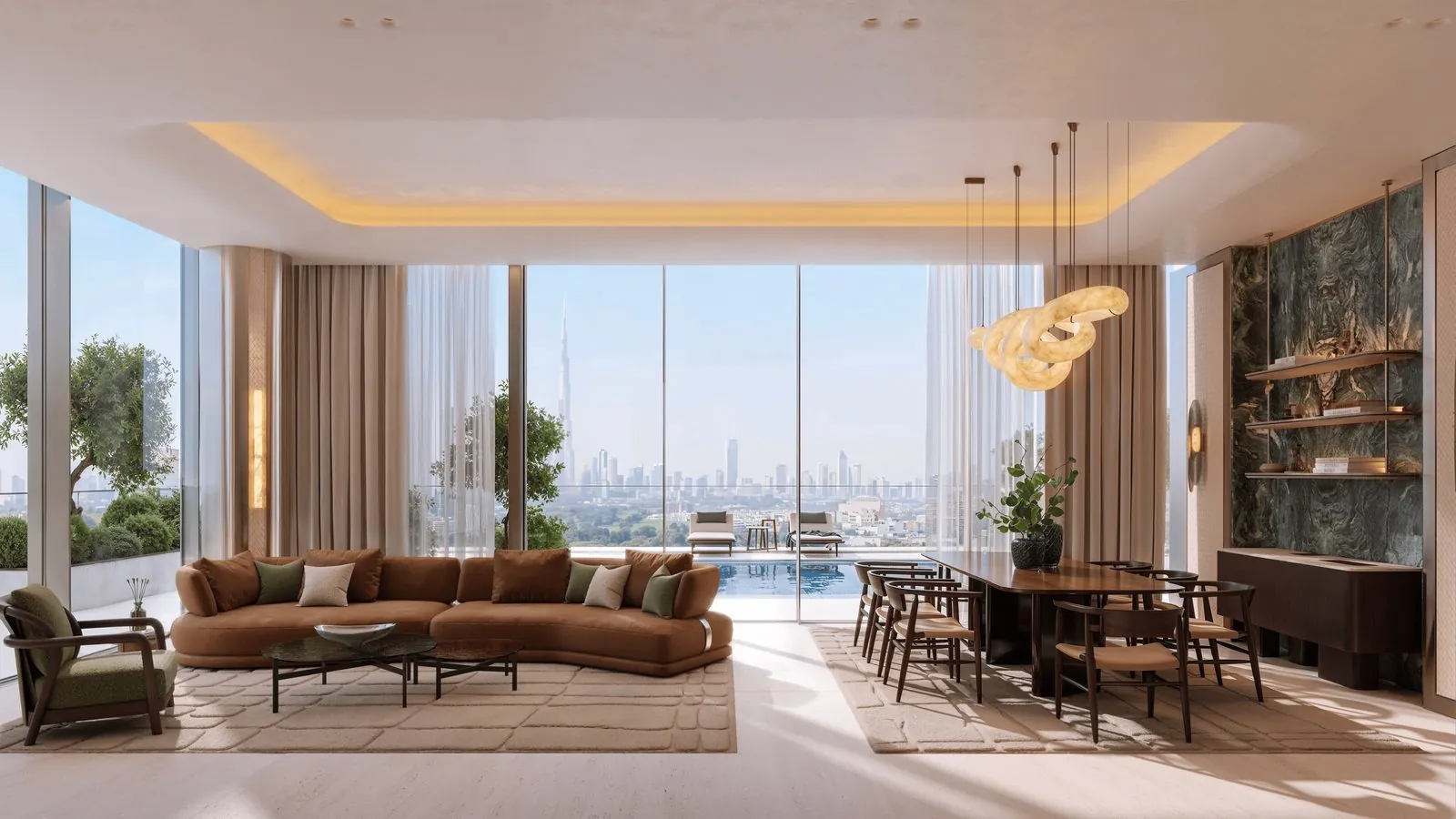 Binghatti Spectre living room with Burj Khalifa skyline view