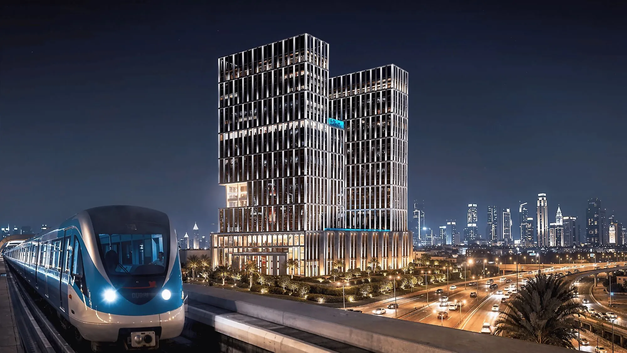 Binghatti Spectre twin towers illuminated at night, Al Jaddaf, Dubai